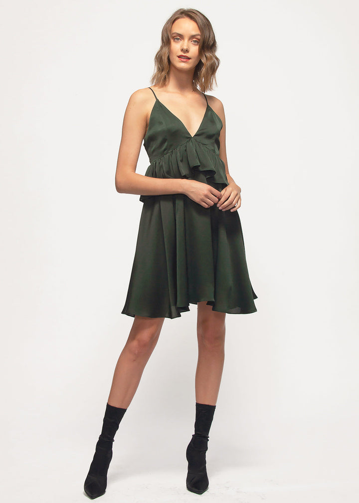 Deep V-neck Ruffle Baby Doll Dress In Hunter Green by Shop at Konus