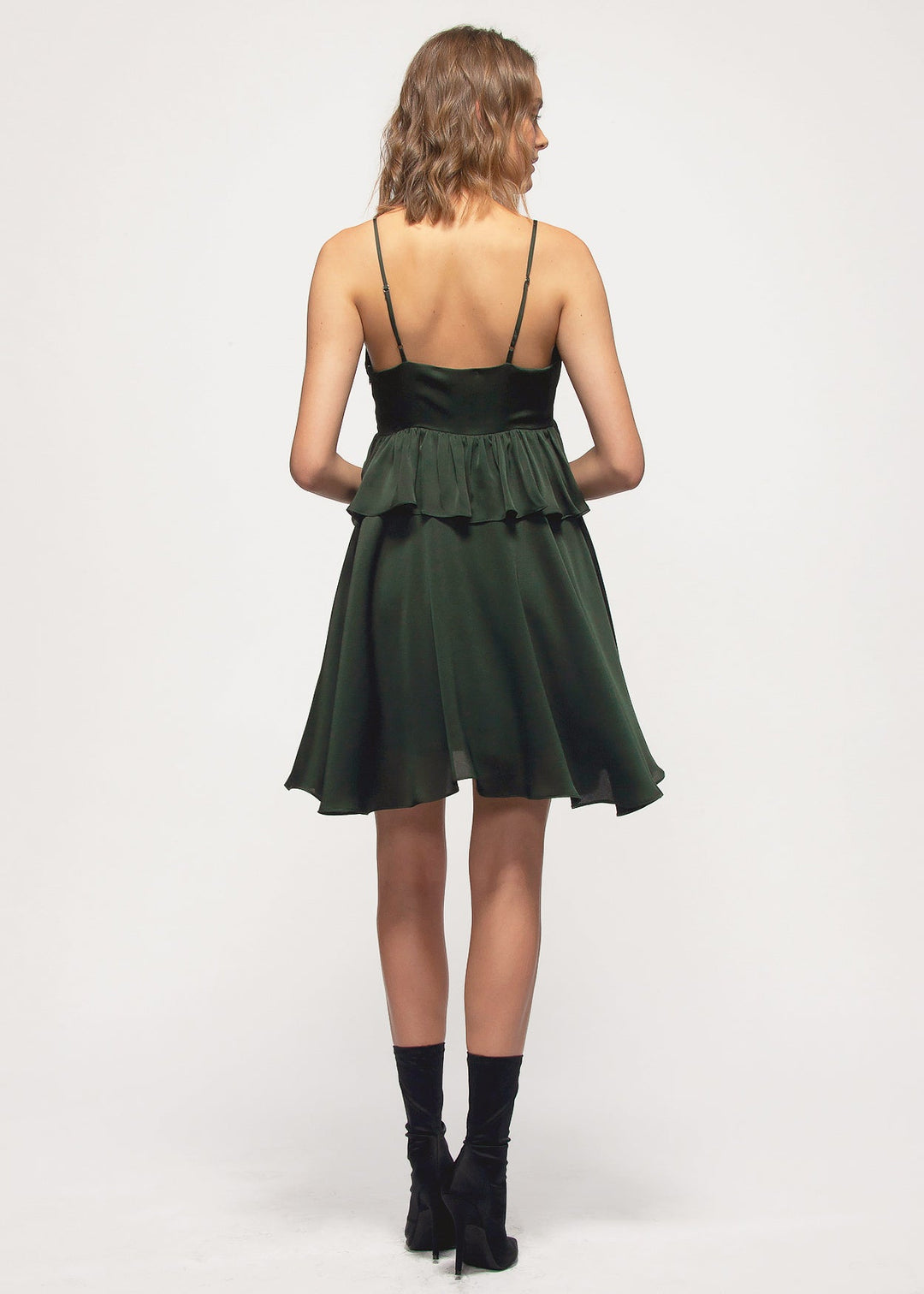 Deep V-neck Ruffle Baby Doll Dress In Hunter Green by Shop at Konus