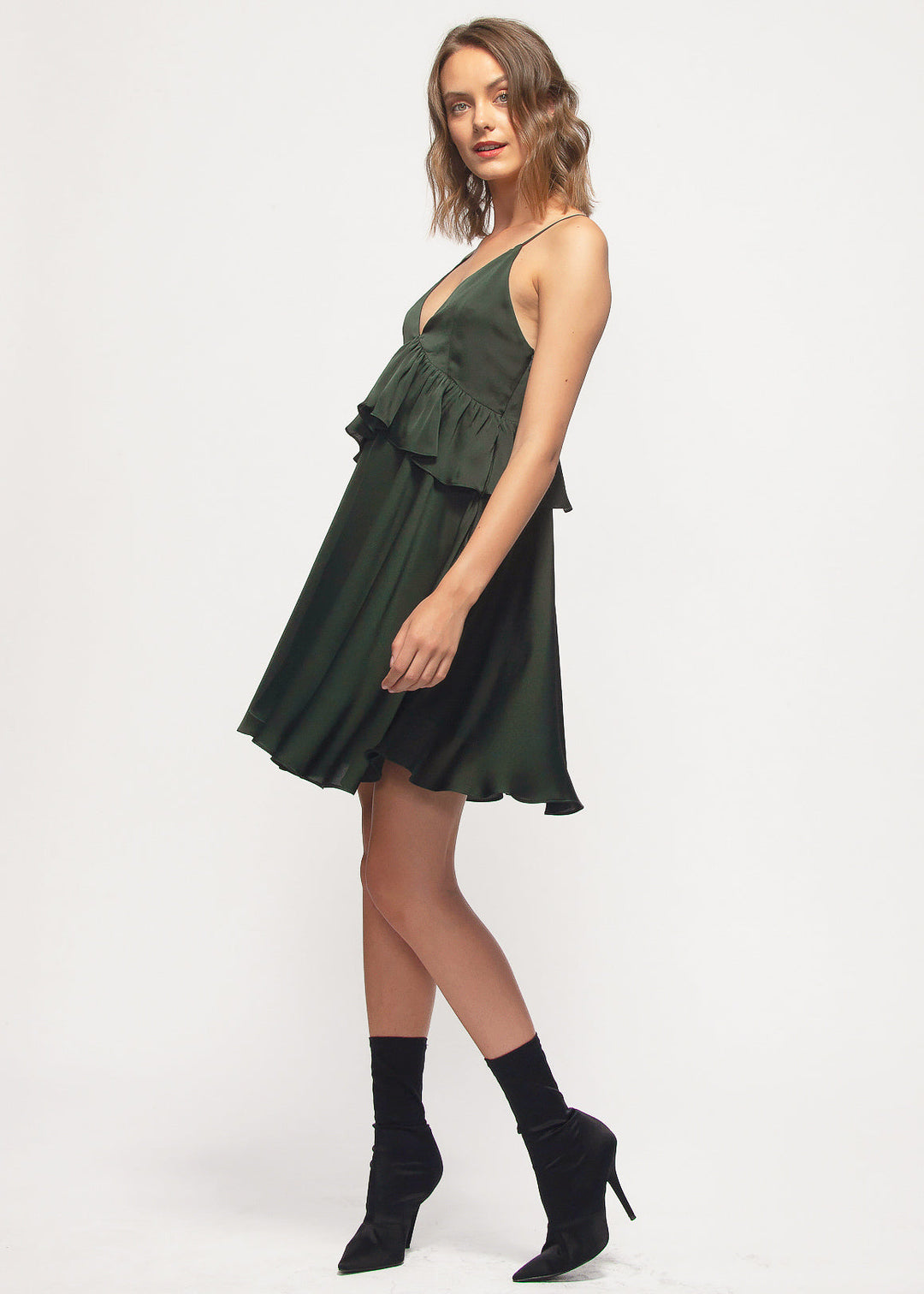 Deep V-neck Ruffle Baby Doll Dress In Hunter Green by Shop at Konus