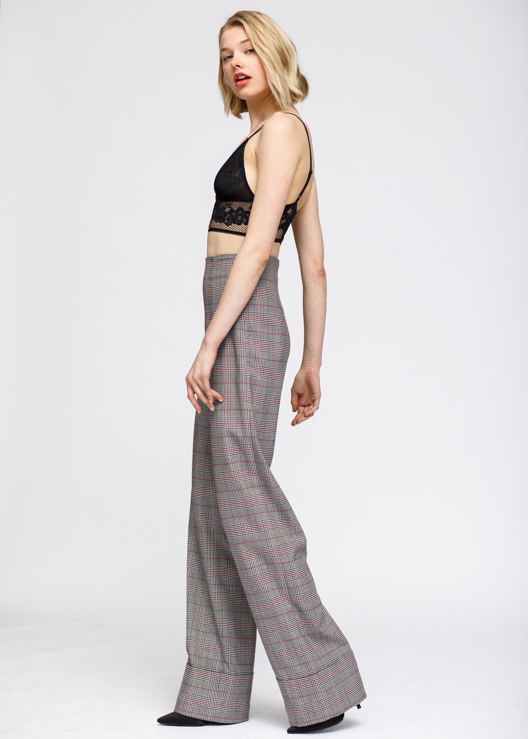 Women's Multi Glen Plaid High Waist Wide Leg Pants In Grey Plaid by Shop at Konus