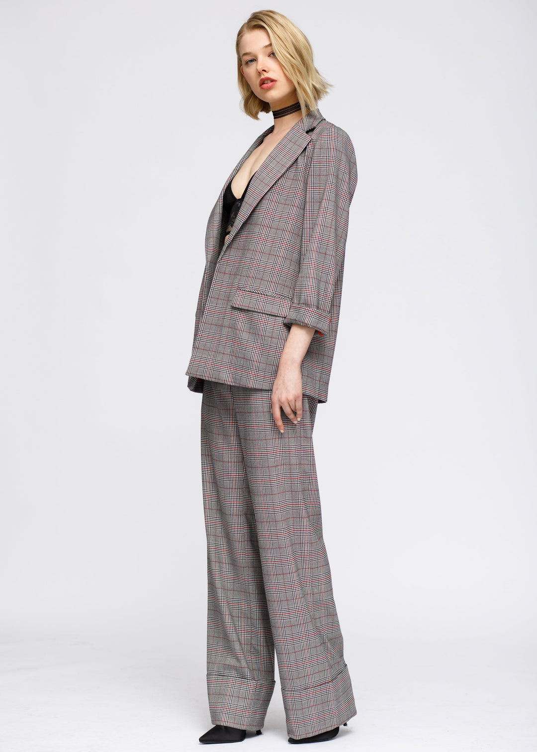 Women's Multi Glen Plaid Blazer In Grey Plaid by Shop at Konus