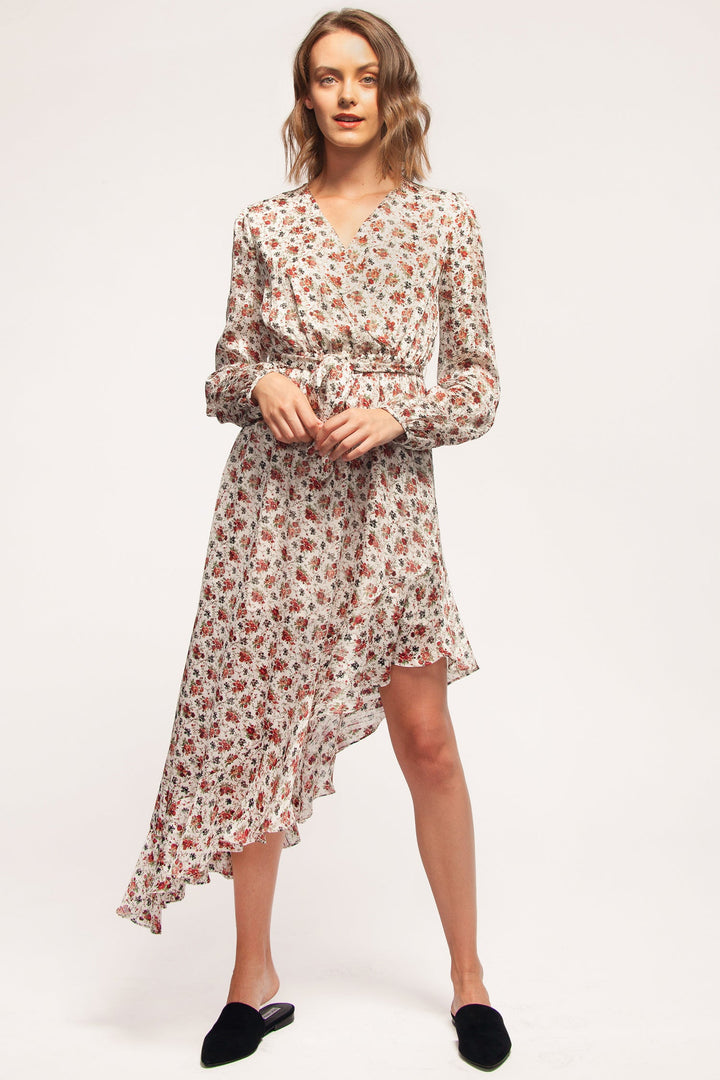 Floral Asymmetrical Ruffle Hem Wrap Dress In Victoria Garden by Shop at Konus