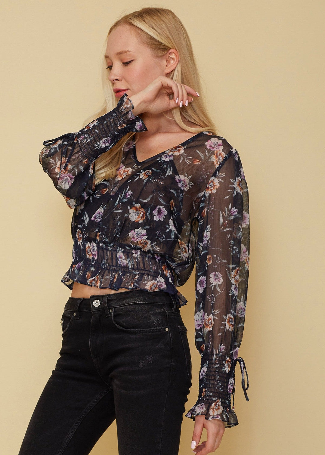 Wax Flower Smocked Cuff Blouse In Navy by Shop at Konus