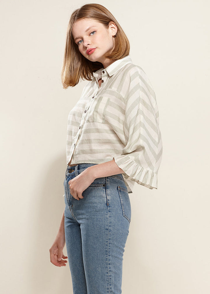 Women's Button Down Cropped Shirt In Sage by Shop at Konus