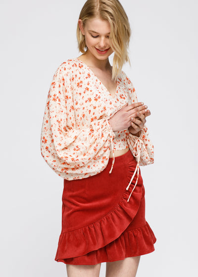 Fall Garden Wrap Front Crop Blouse In Coral Gold by Shop at Konus