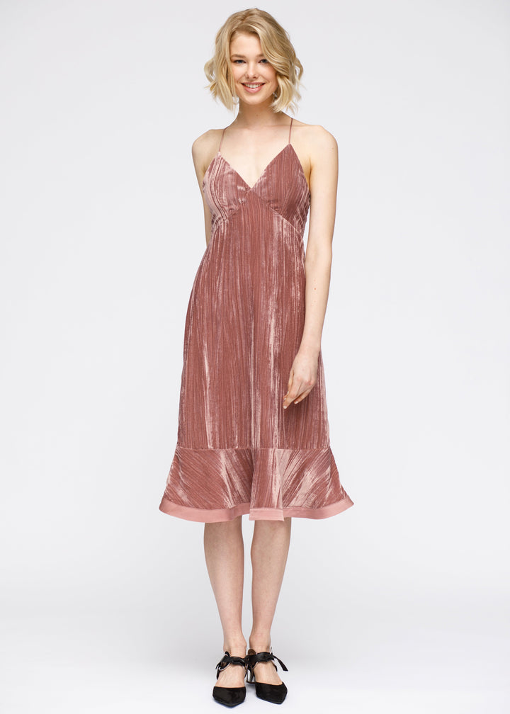 Velvet Spaghetti Strap Ruffle Hem Midi Dress In Rogue by Shop at Konus