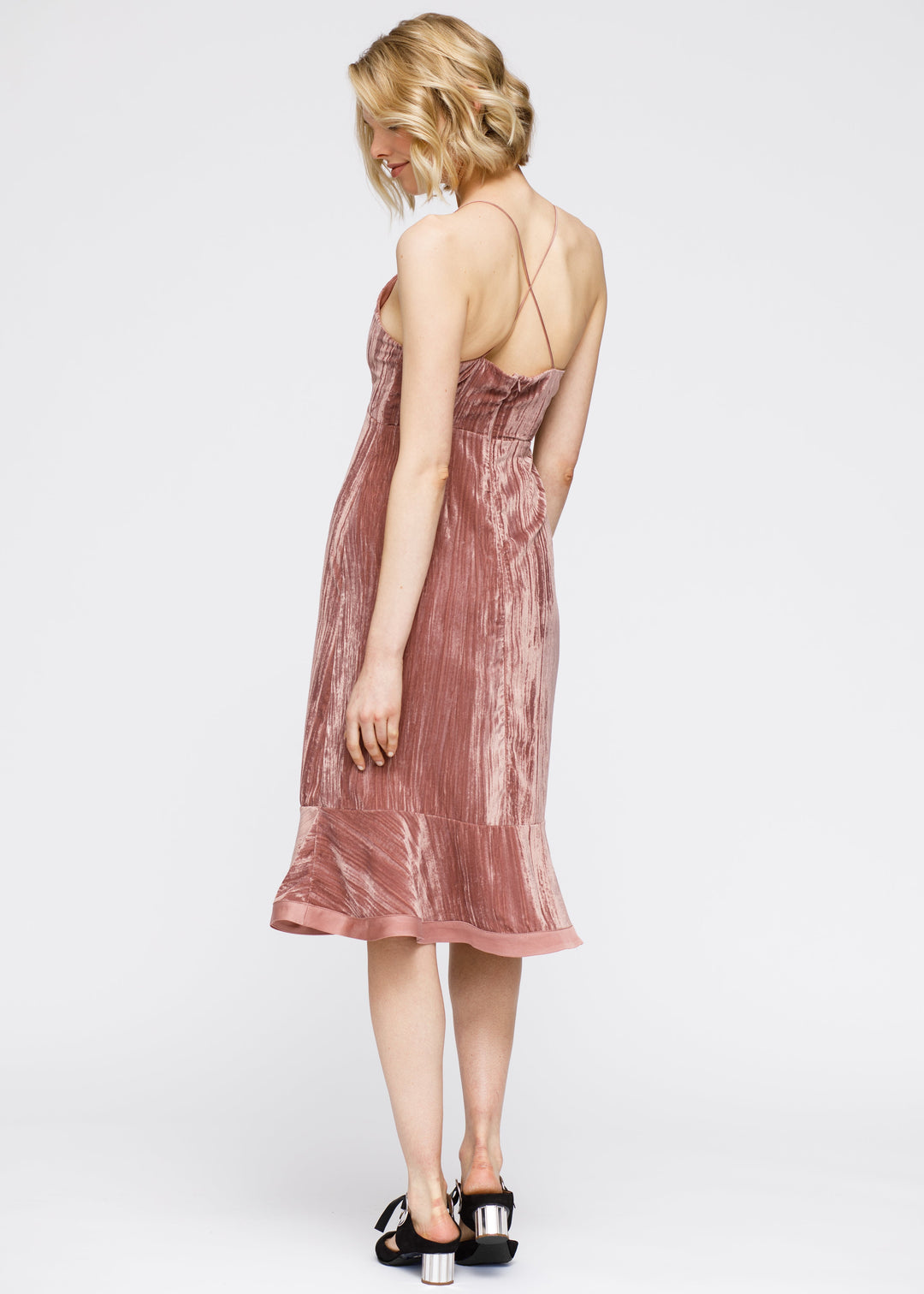 Velvet Spaghetti Strap Ruffle Hem Midi Dress In Rogue by Shop at Konus