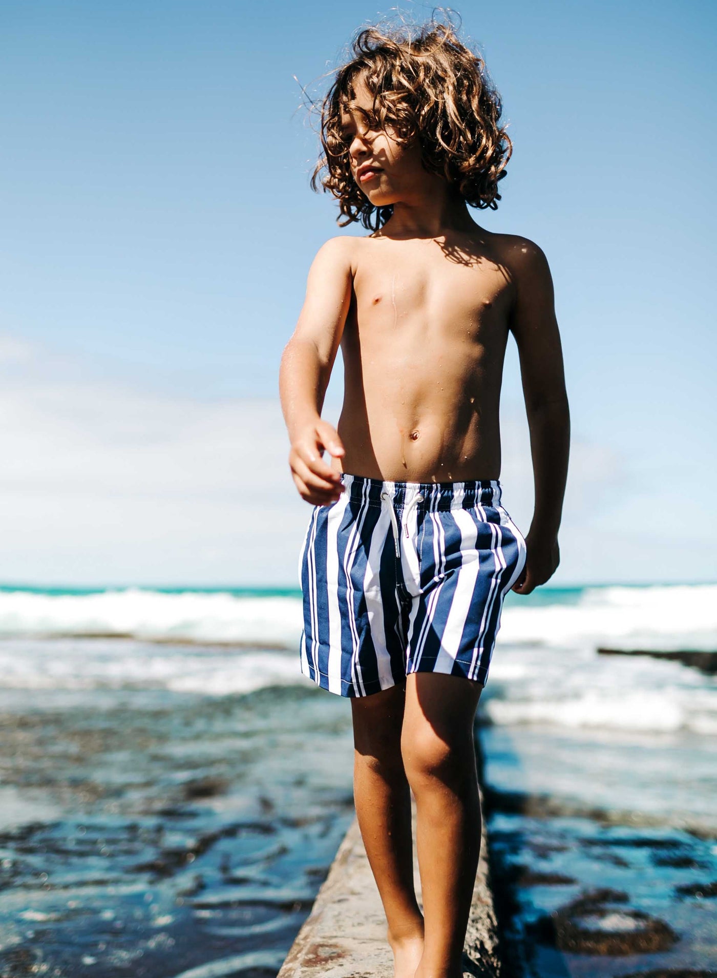 Navy Stripes - Kids Swim Trunks by Bermies Swimwear
