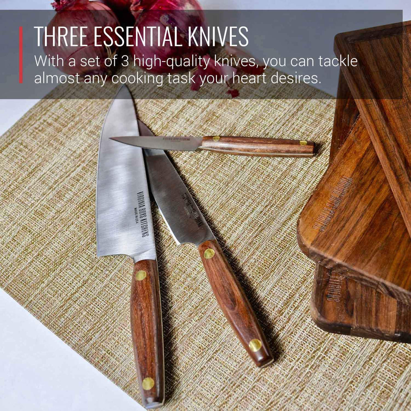3 Piece Stainless Steel Chef Knife Set with Walnut Wood Handles by Virginia Boys Kitchens